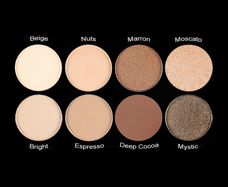 Eyeshadow Palette Romantic teo shop Παλέτα σκιών με 8 «θερμές» αποχρώσεις Μια επαγγελματική παλέτα σκιών η οποία περιλαμβάνει έναν συνδυασμό από 4 matte και 4 shimmer σκιών σε γήινους τόνους.